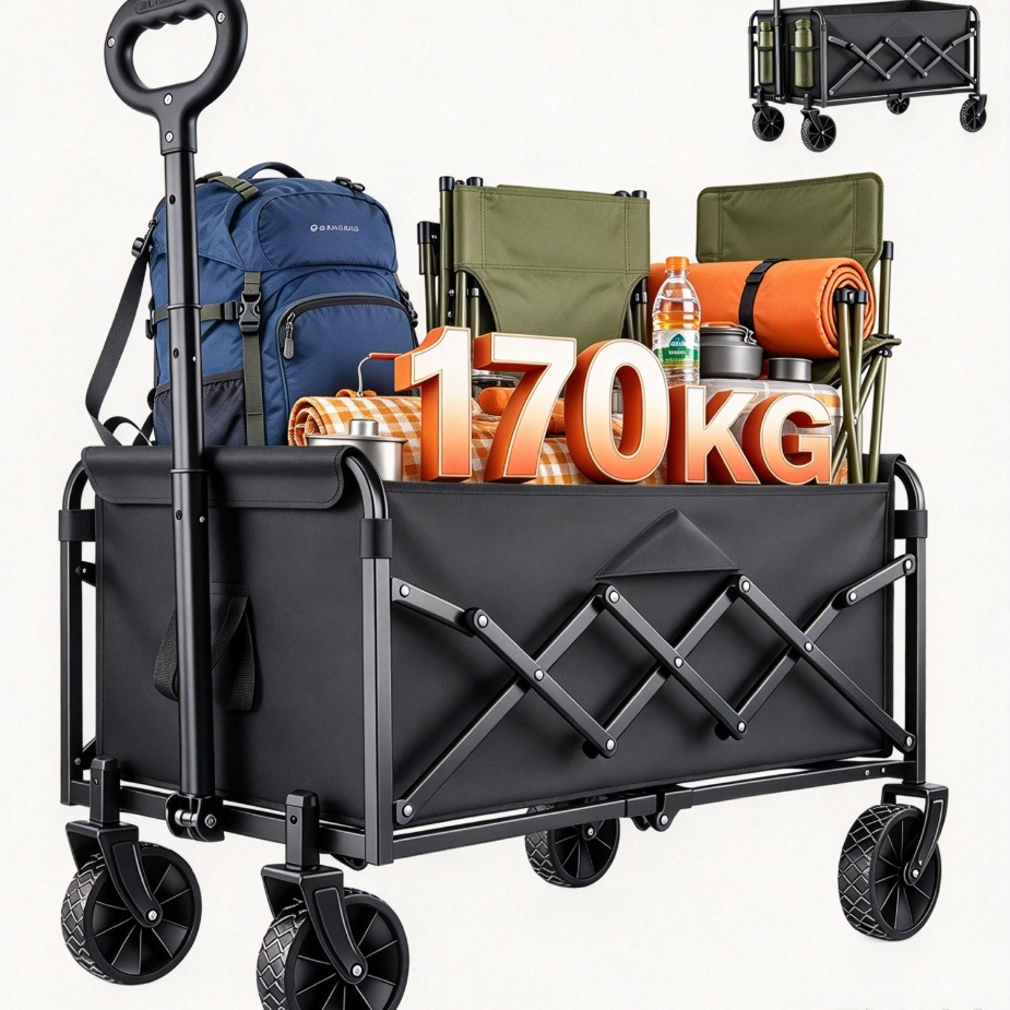 Carrinho de Camping Dobrável 170kg Rodas Grandes 5 Polegadas Altura Ajustável para Praia Feira Churrasco e Compras