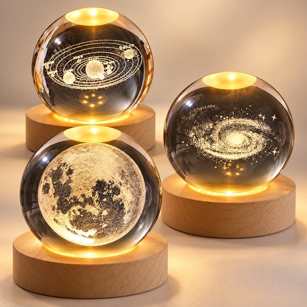 Luminária Bola de Cristal 3D LED com Base de Madeira Lua Galáxia Sistema Solar para Quarto