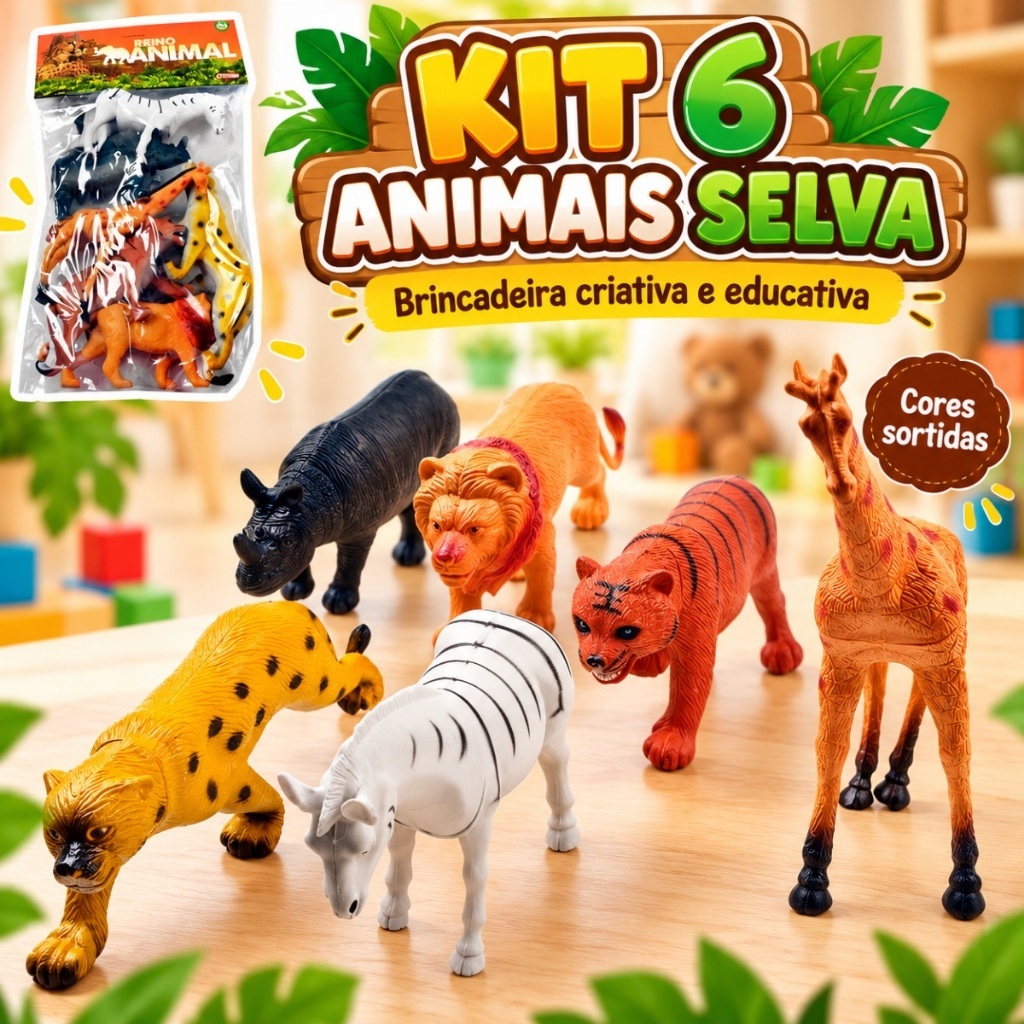Kit 6 Animais Selvagens Selva Safari Brinquedo Infantil Educativo Reino Animal de Plástico