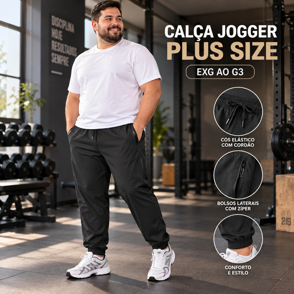 Calça Jogger Masculina Plus Size Poliamida com Elastano Esportiva Leve Academia Casual Confortavel Bolsos com Zíper