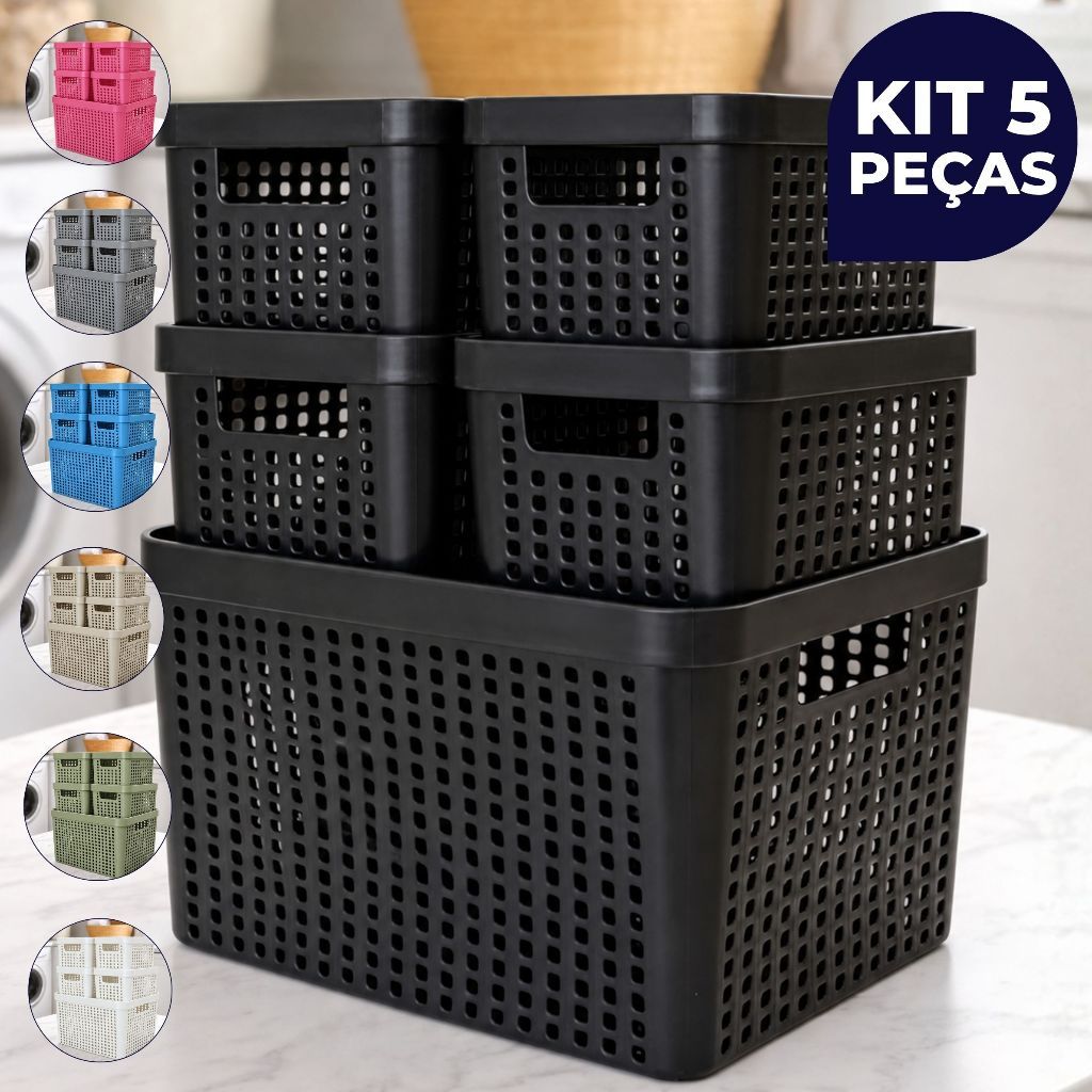 Kit 5 Caixa Organizadora com Tampa Empilhável Cesto Multiuso 4,5L 17L