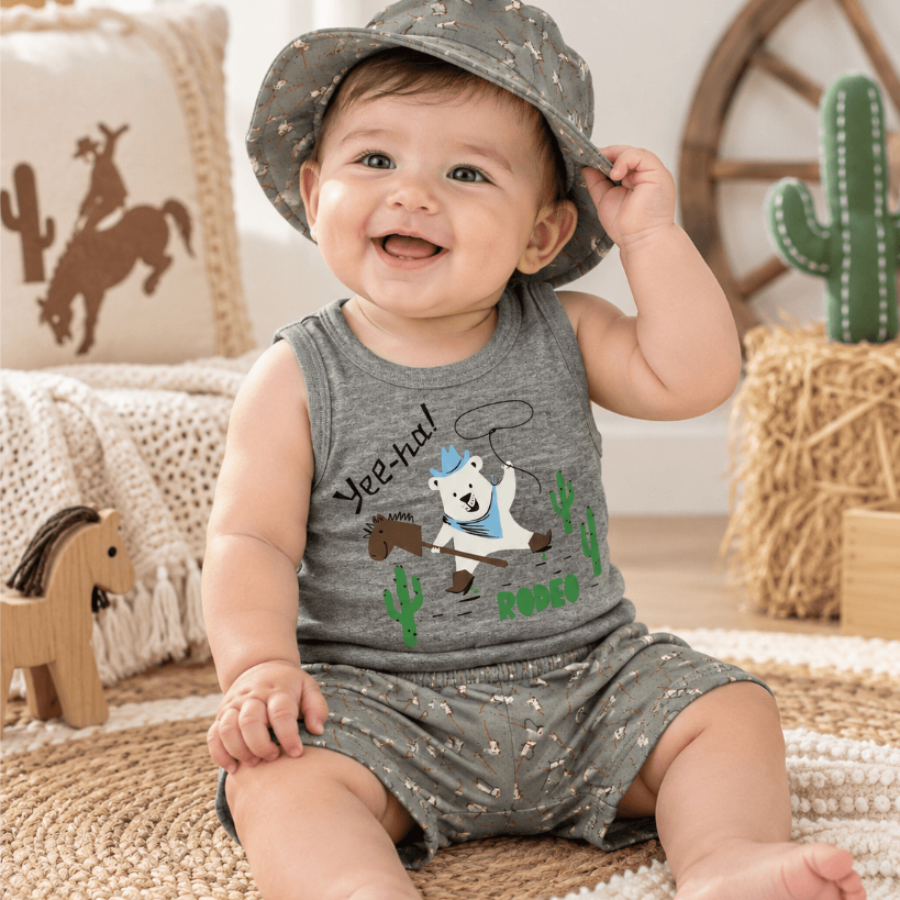 Conjunto Regata MM com Estampa + Bermuda Moletinho Estampado + Chapéu - Menino - P/M/G
