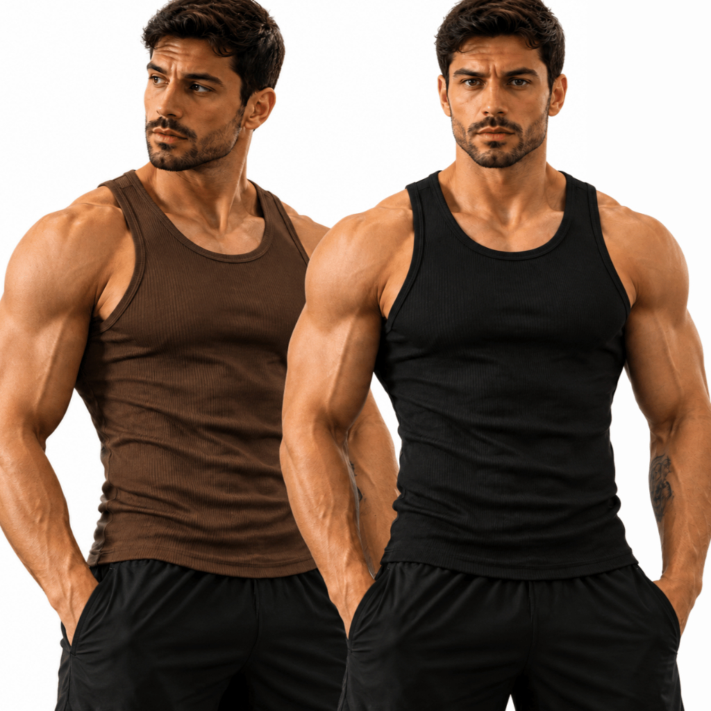 Kit 2 Regata Americana Masculina Ribana Canelada Premium com Elastano Fitness Academia Treino Casual