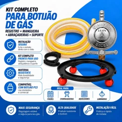 Kit registro regulador de gás de cozinha mangueira 1,25M + abraçadeiras de pressão inmetro + Suporte Para Botijão gás