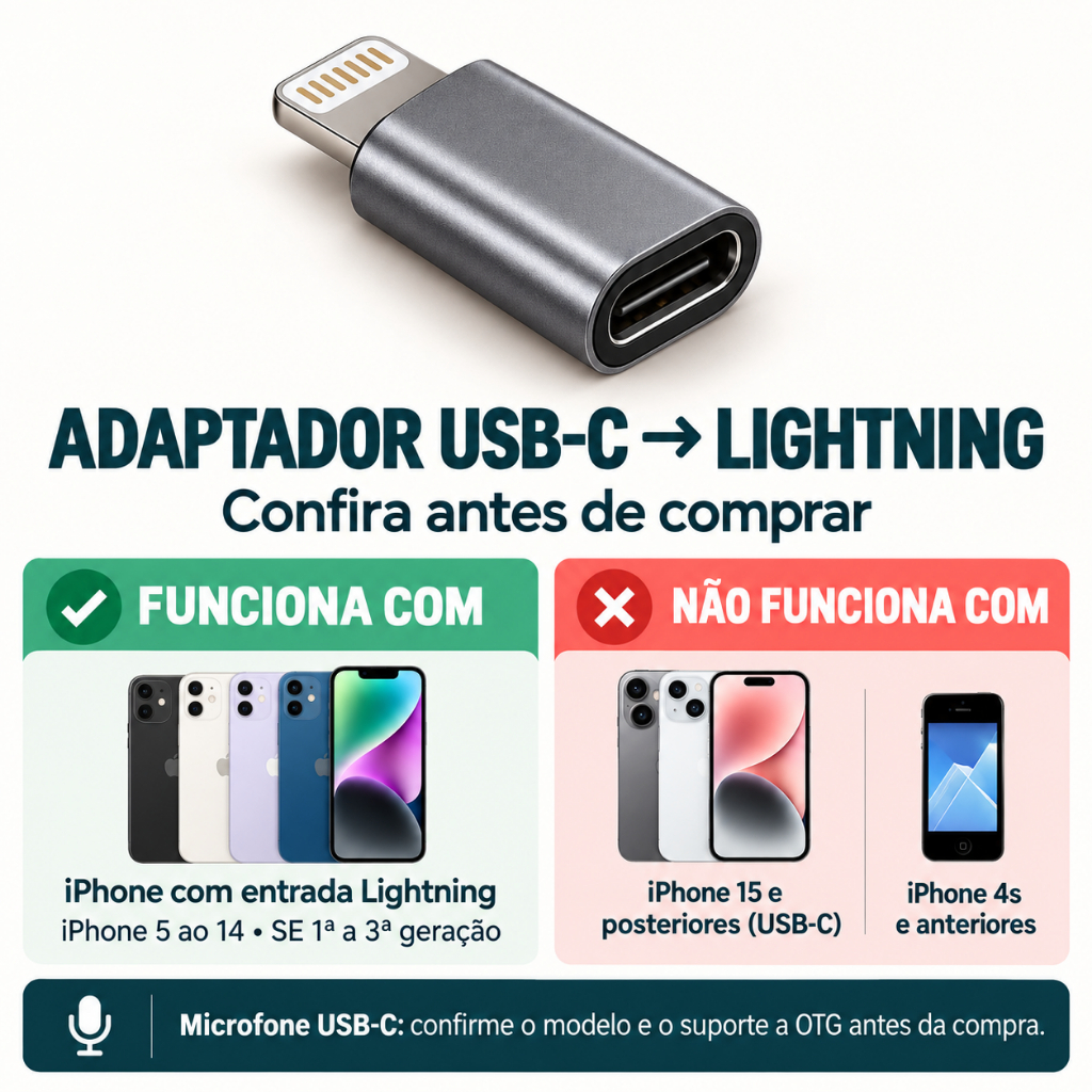 Adaptador USB-C Fêmea para Lightning Macho OTG para Fone e Microfone de Lapela — imagem 2 de 2
