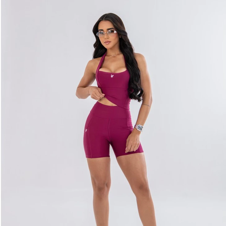 Conj Short com Bolso E top Frente Unica Pilates Yoga Meia Coxa Feminino alta Compressão Zero transparência — imagem 1