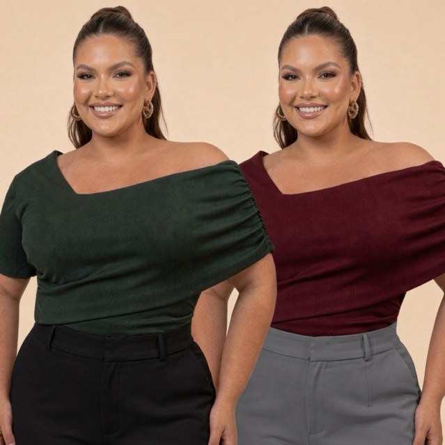 Kit 2 Blusa Plus Size Feminina Elegante Decote  V Manga Curta Canelada Casual Ombro a Ombro Tendencia Moderna G1 G2 G3