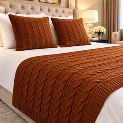 Kit Manta Peseira de Tricot + 2 Capas Almofada Para Sofá Cama Casal Queen e King Decoração Luxo Cama Posta Tricô