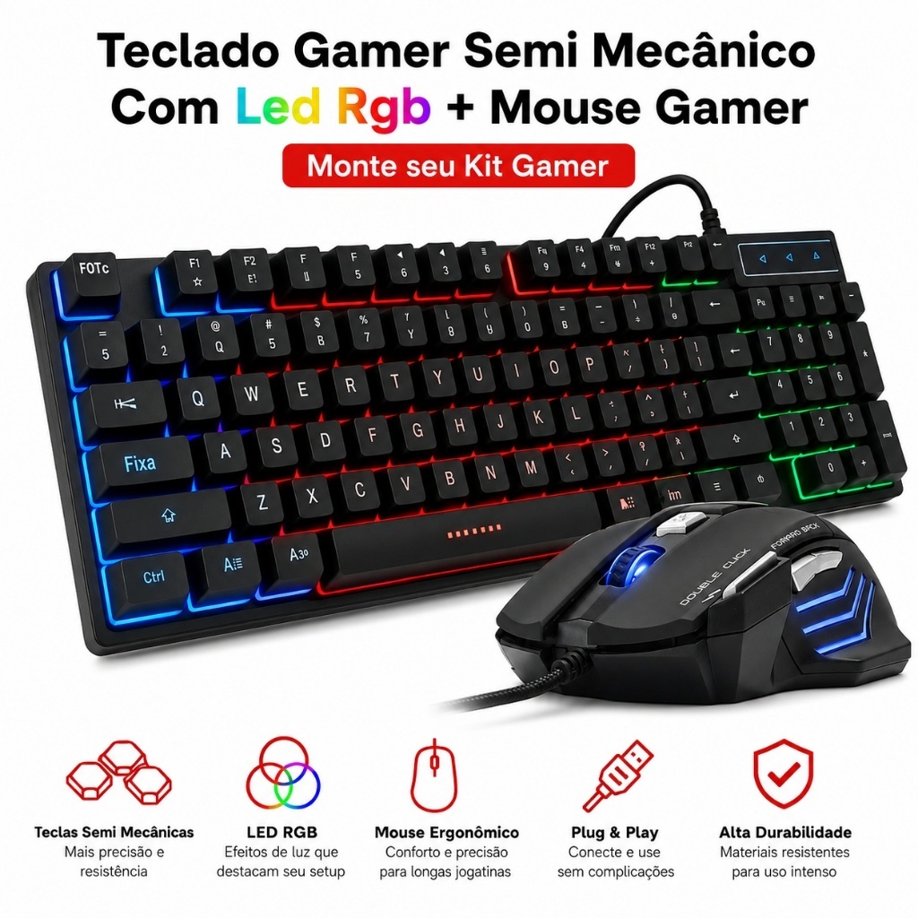 Teclado Gamer Semi Mecânico Com Led Rgb Usb Português/BR Pc Ps4