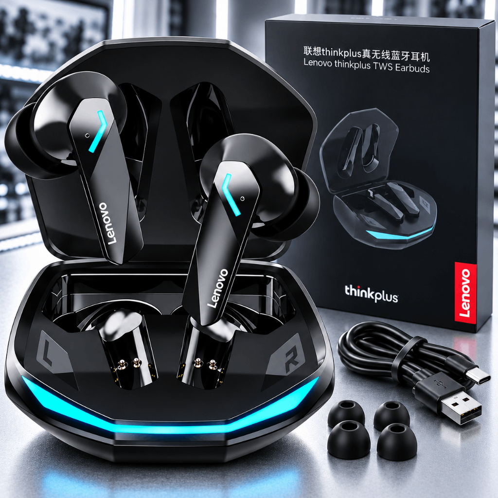 Fone Sem Fio Bluetooth Lenovo GM2 Pro Thinkplus Gamer TWS Original Preto, Com Microfone Led, Case e Estilo Esportivo
