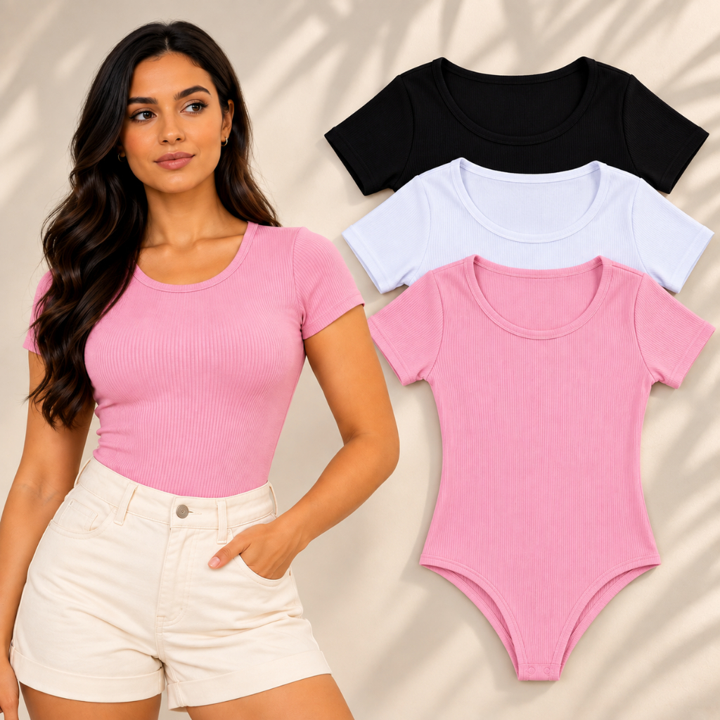 Body Feminino Anarruga Manga Curta Decote Redondo Básico Justo Confortável Casual Verão Moda Elegante Versátil Collant
