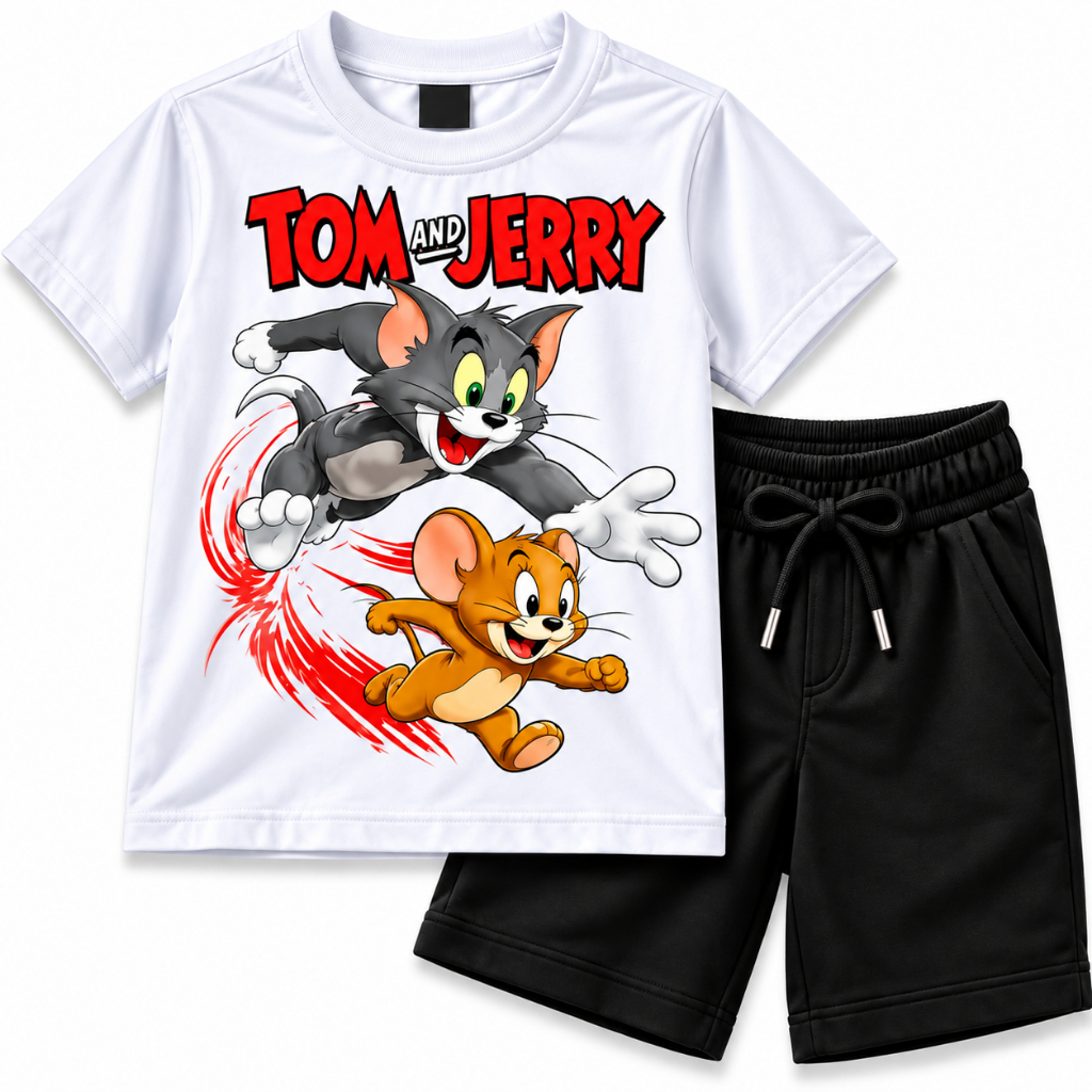Conjunto Infantil Masculino Tom e Jerry Camiseta Algodão Bermuda Moletinho Menino 2 ao 16