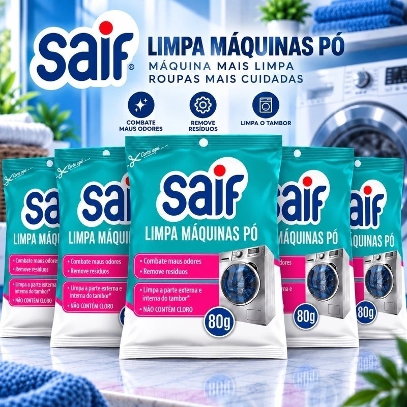 Limpa Máquina Lavar Roupa Saif 80g Sachê Pó · Higieniza Tambor ·Remove Odor Sem Cloro -Kit 1/3/5 Un