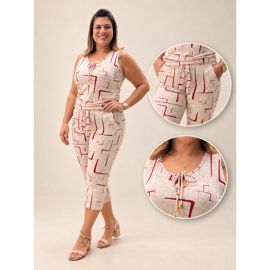 Conjunto Feminino Premium Blusa Regata e Calça pantacourt, branco vermelho, viscolycra do M ao XG — imagem 2 de 2
