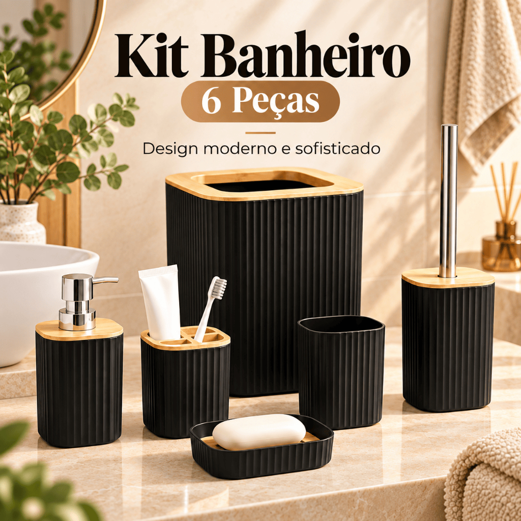 Kit de 6 peças para Banheiro Completo Luxo Lixeira, Porta Escova, Sabonete, Tampa Bambu Decorativa