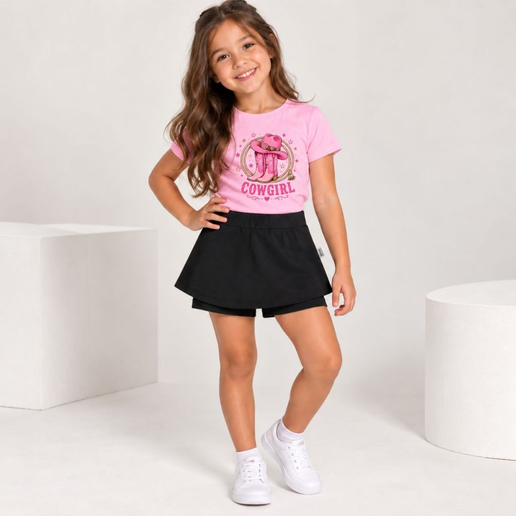 Conjunto Camisa Estampada Infantil Cow Girl Menina Camiseta Blogueirinha Short Saia Blusa Menina Criança Kids Country