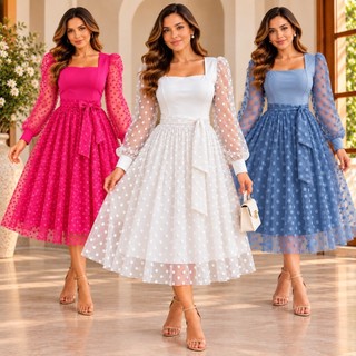 Vestido Feminino Tule Manga Longa Midi Elegante Com Laço Para Amarrar