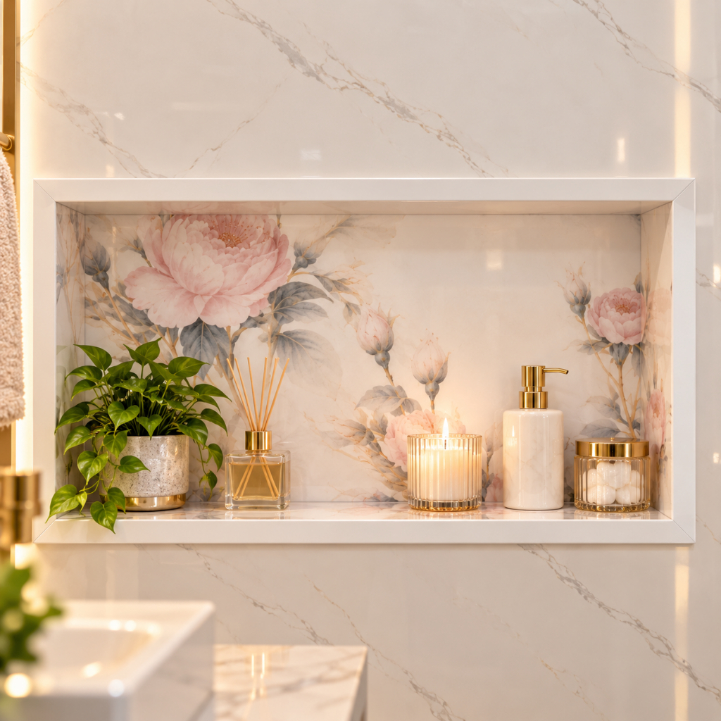Nicho de Porcelanato Floral Rosa Acetinado Prateleira Para Banheiro 60x30 Porta Shampoo