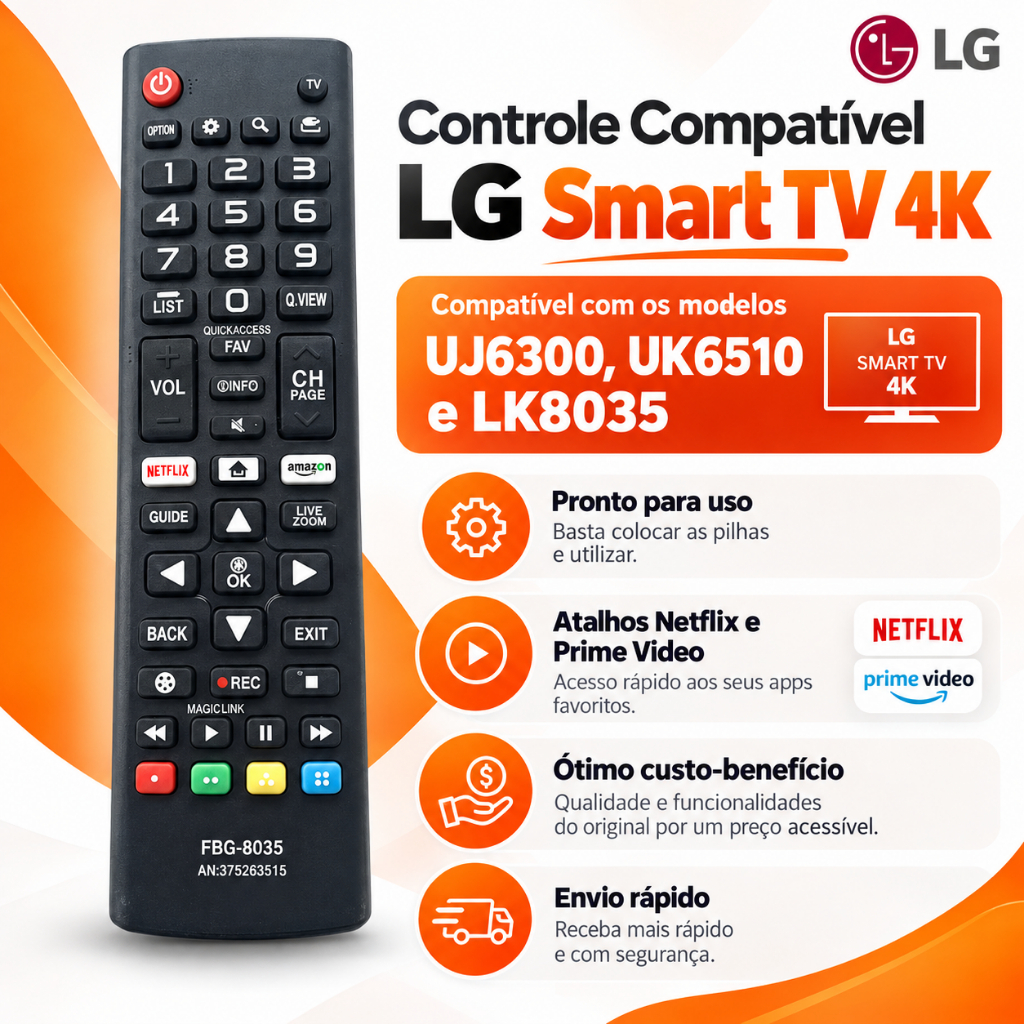 Controle lg Tv Smart 4k . Uj6300 Uk6510 E Lk 8035 Netflix Amazon - Nfe tdd compativel