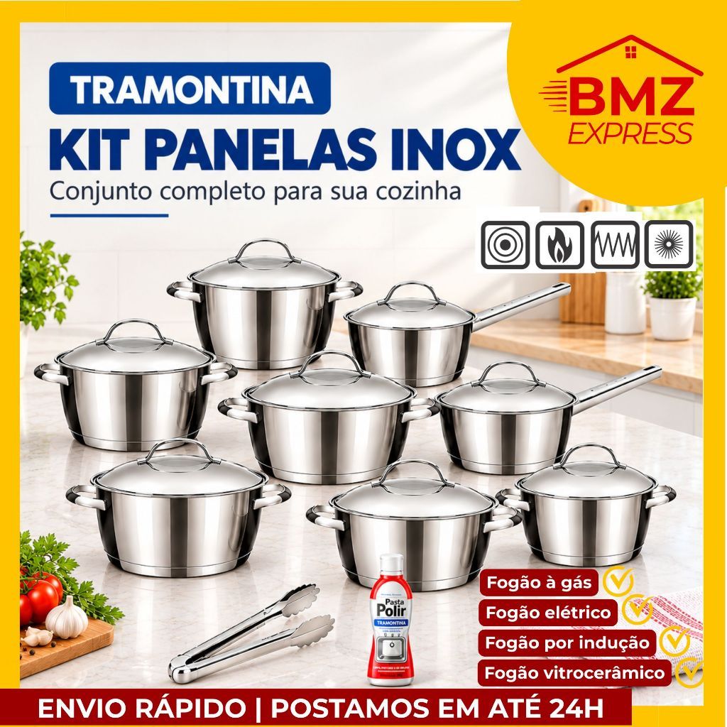 Jogo de Panelas Tramontina Aço Inox Allegra Tamanhos Variados Fundo Triplo Indução Fogão Cozinha