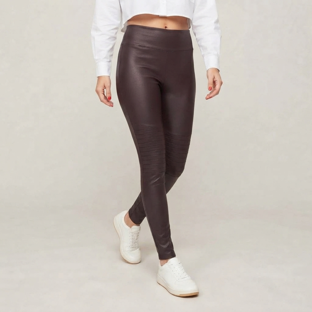 Legging Feminina Marrom Cintura Alta Brilhante Em Suplex Lisa Modela O Corpo Com Detalhe Plissado Nas Coxas