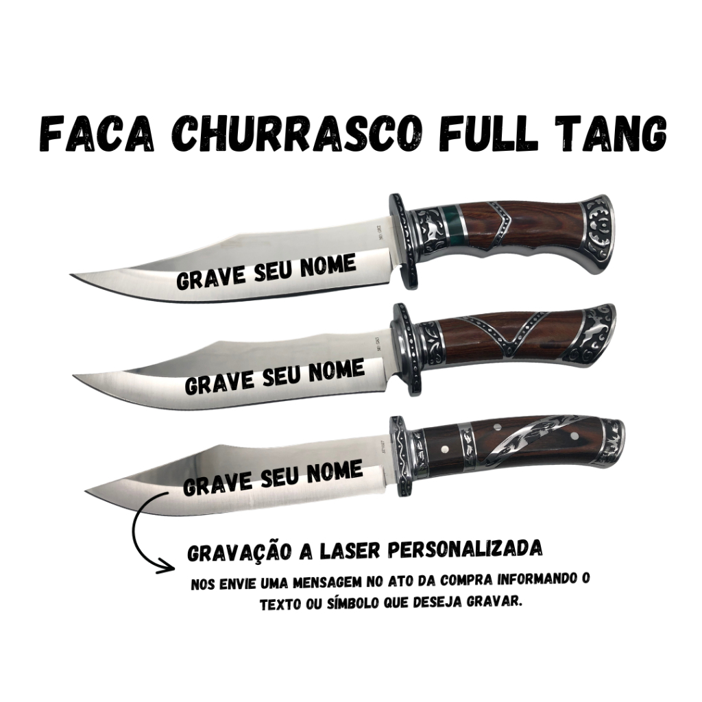 Faca Churrasco Caça e Pesca Cabo Artesanal em Madeira, Aço Inox FullTang - 1918