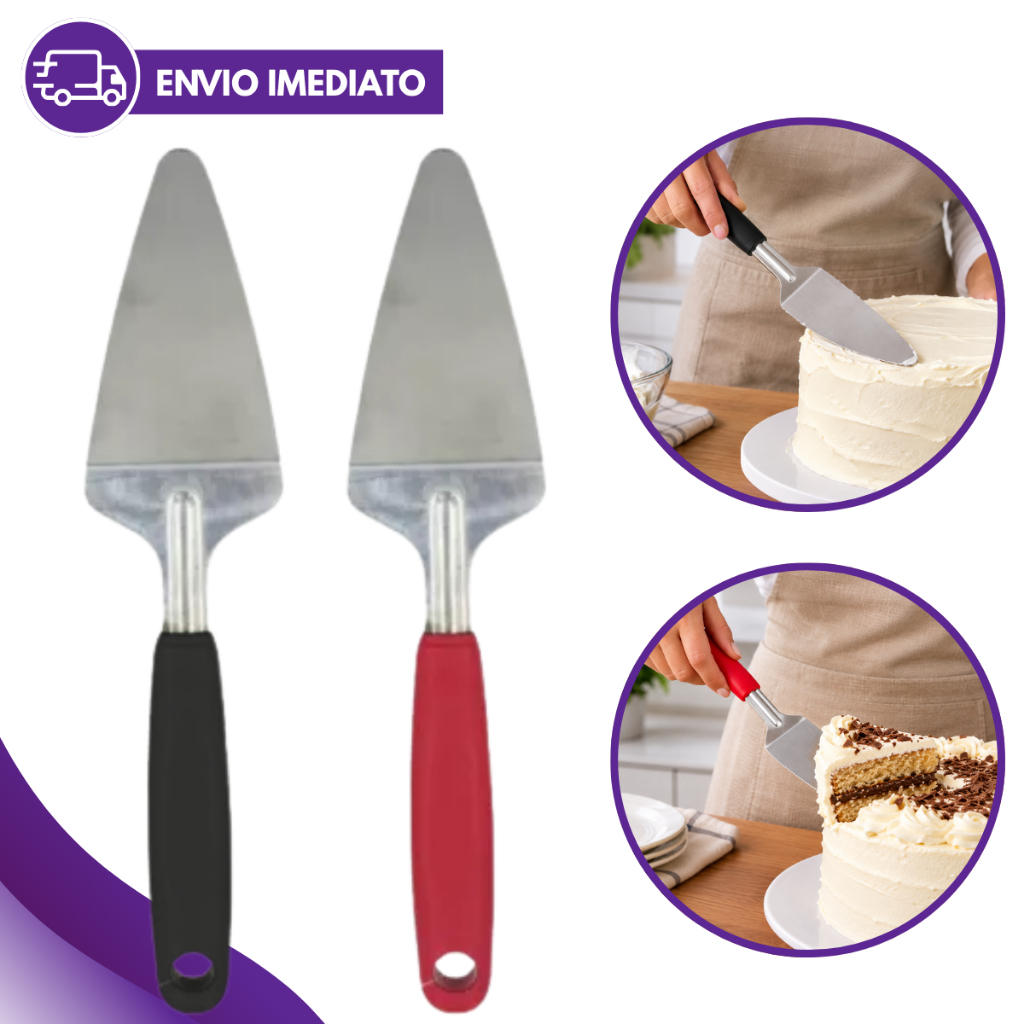 Espátula de Bolo Aço Inox 25cm com Cabo Plástico Para Cortar Servir Tortas Bolos Doces e Sobremesas