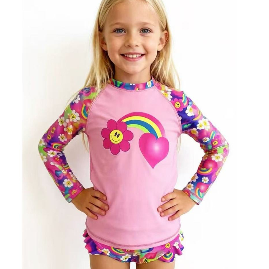 conjunto de Biquíni Infantil com Blusa Proteção Solar UV 50+ Sereia concha  Praia Piscina Natação Menina Infantil-
