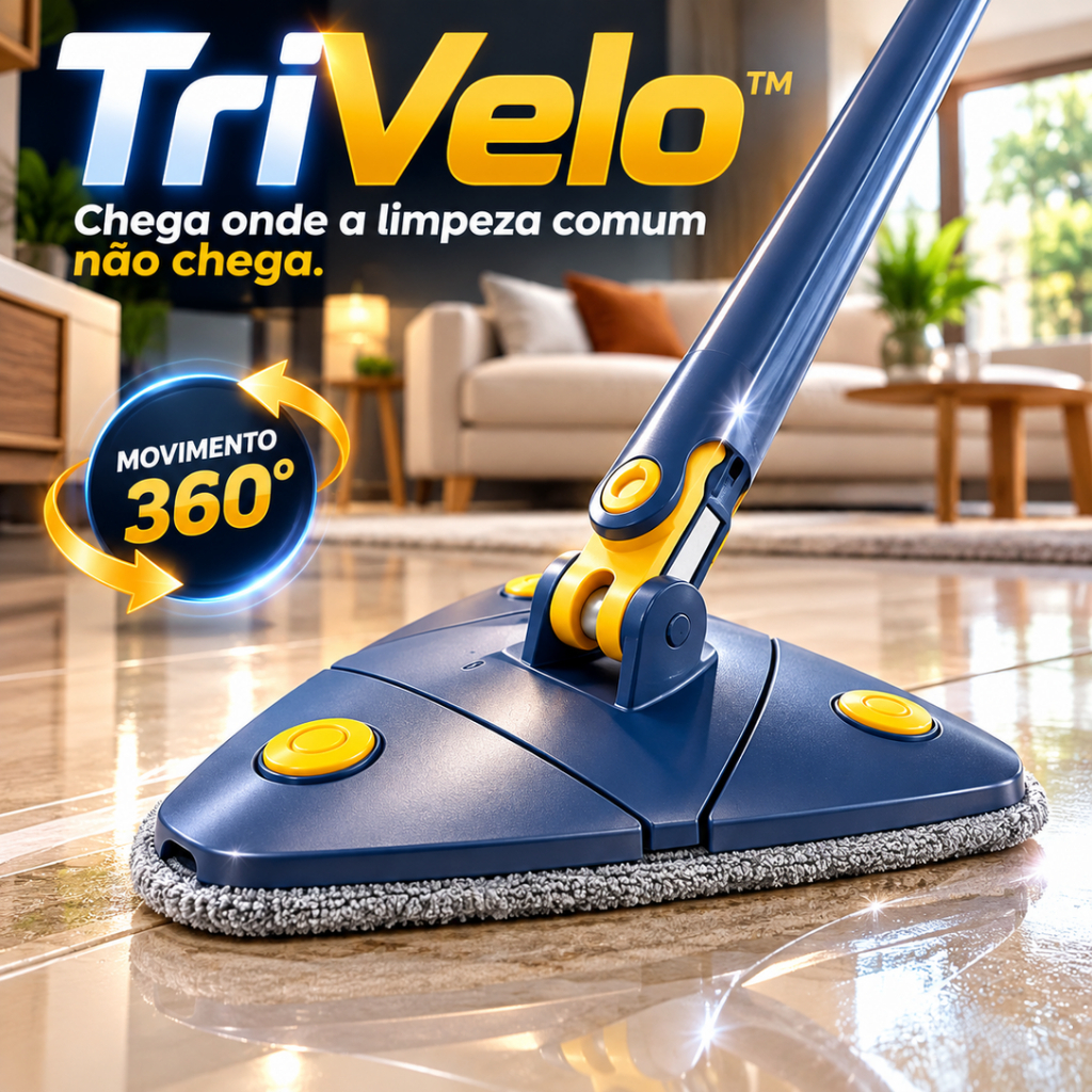 Mop Giratório 360° Triangular TriVelo™ Microfibra para Limpeza de Cantos, Rodapés e Áreas Difíceis