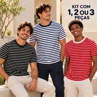 Camiseta Masculina Listrada Kit 1 2 ou 3 Peças Algodão com Elastano Gola Redonda Manga Curta Casual