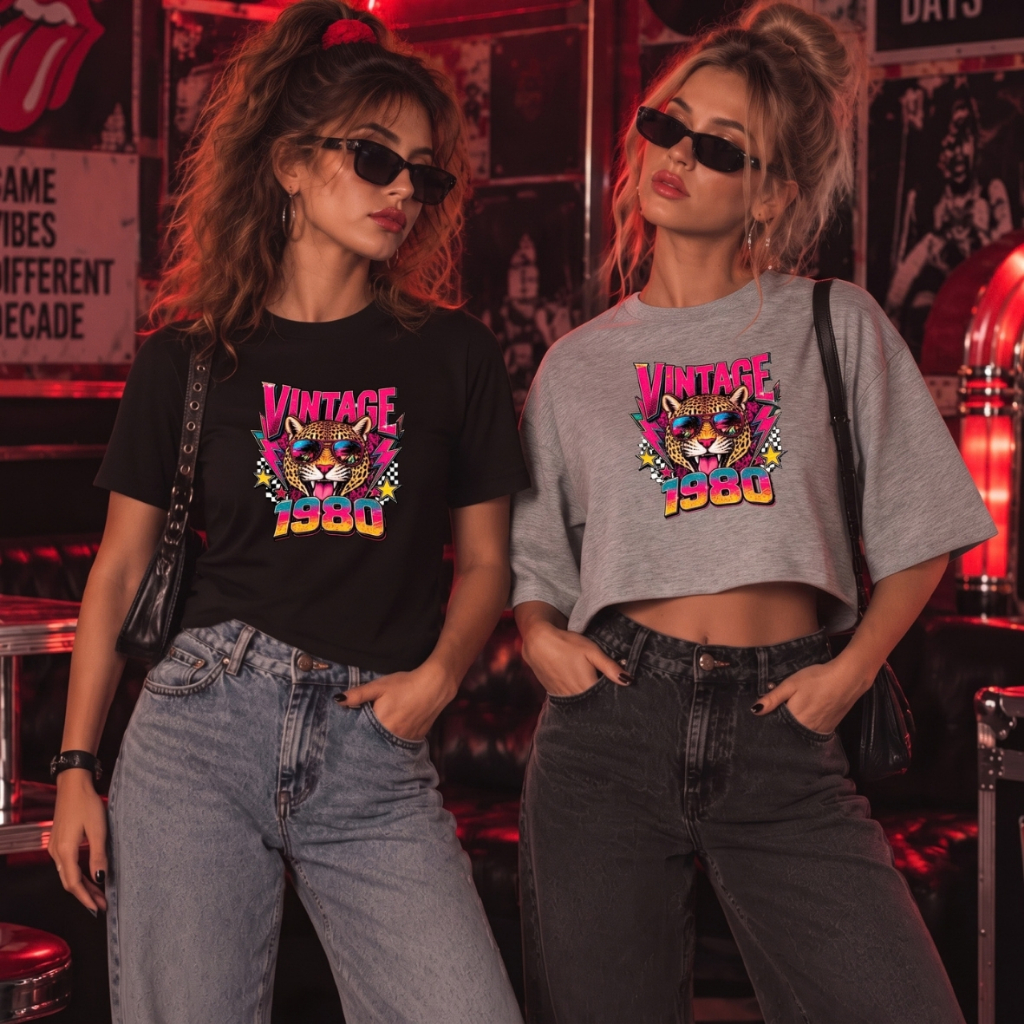 Camiseta Cropped Oversized Anos 80 Estilo Retrô Feminino Mulher Estampa Camiseta Estampada T-shirt Trend Tendência Moda