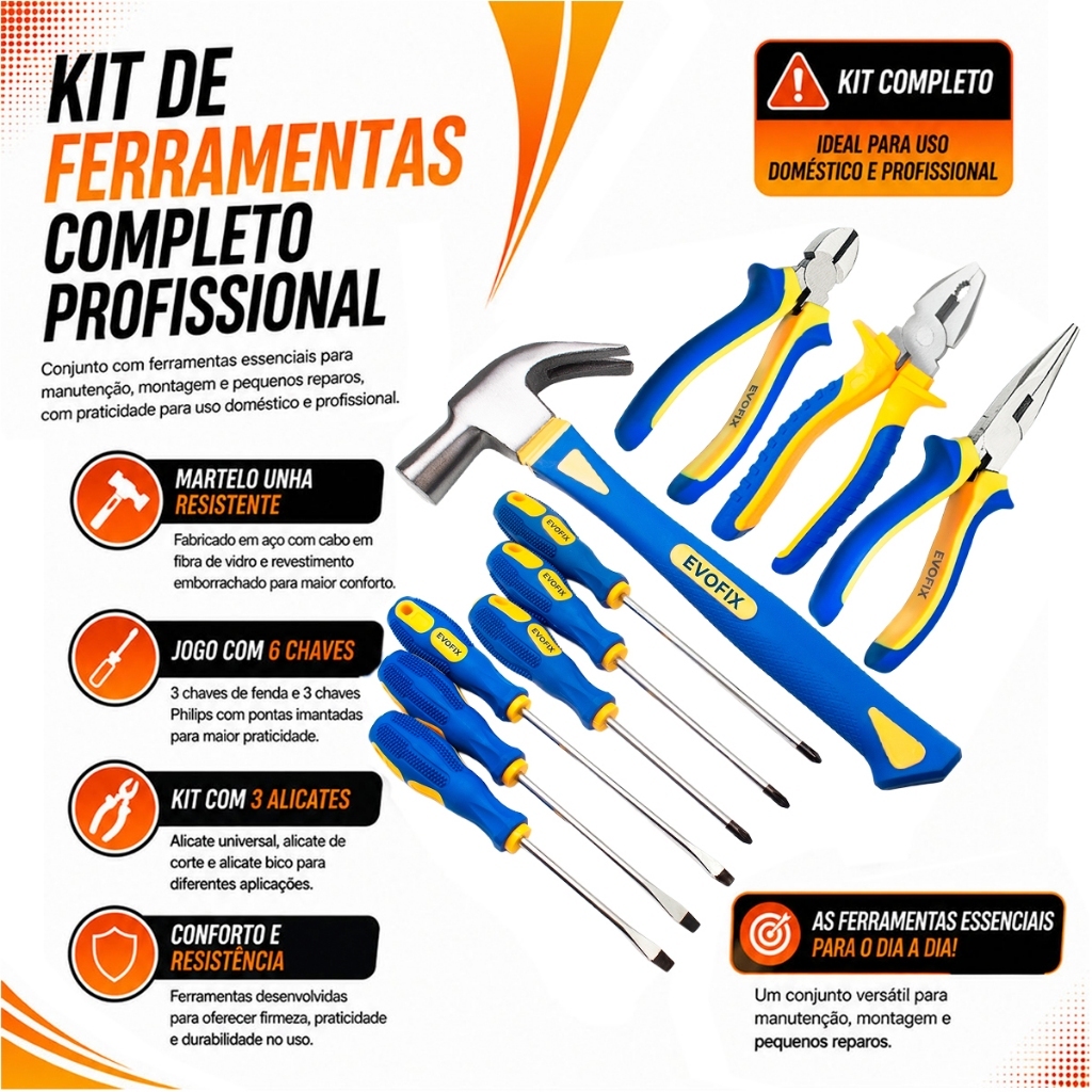 Kit Jogo Completo Ferramentas Martelo Alicates Universal Meia Cana e Corte Chaves De Fenda e Philips