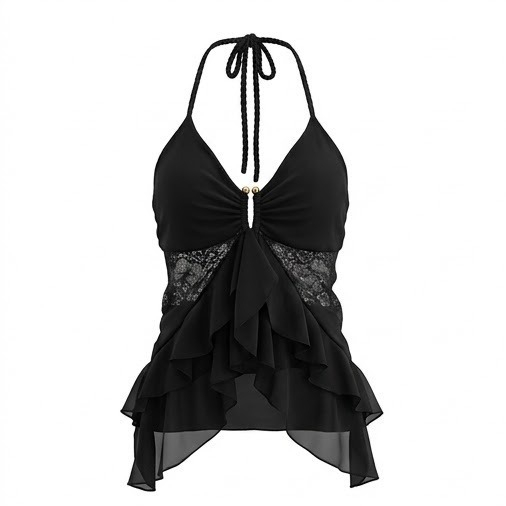 Blusa Feminina Alcinha Babados em Camadas Bojo Tule Com Argola Dourada Elegante Verão Festa Tamanho Único