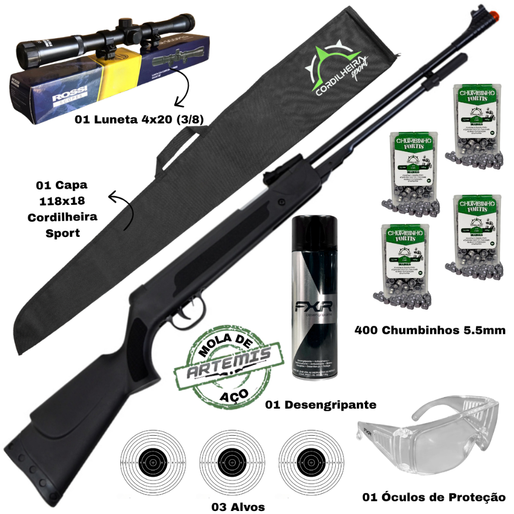 CARABINA DE PRESSÃO SPRING BLACK ARTEMIS 5.5MM MOLA POLÍMERO + ALVO + CHUMBINHO + ACESSÓRIOS