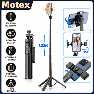 Bastão Selfie Tripé 130cm com Luz LED Dupla Removível Suporte Celular Bluetooth Controle Remoto para Vídeos e Lives