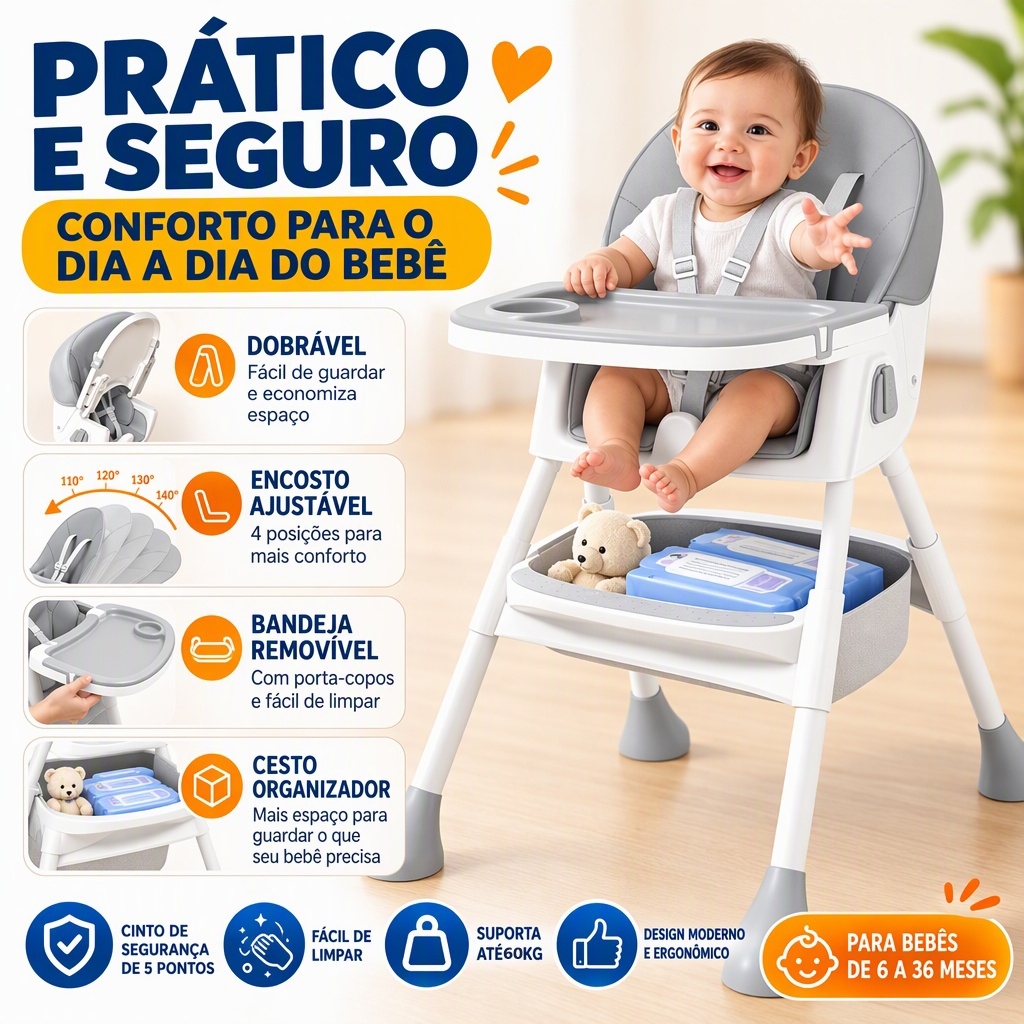 Cadeira de Alimentação Portátil Bebê Multifuncional Com Mesa