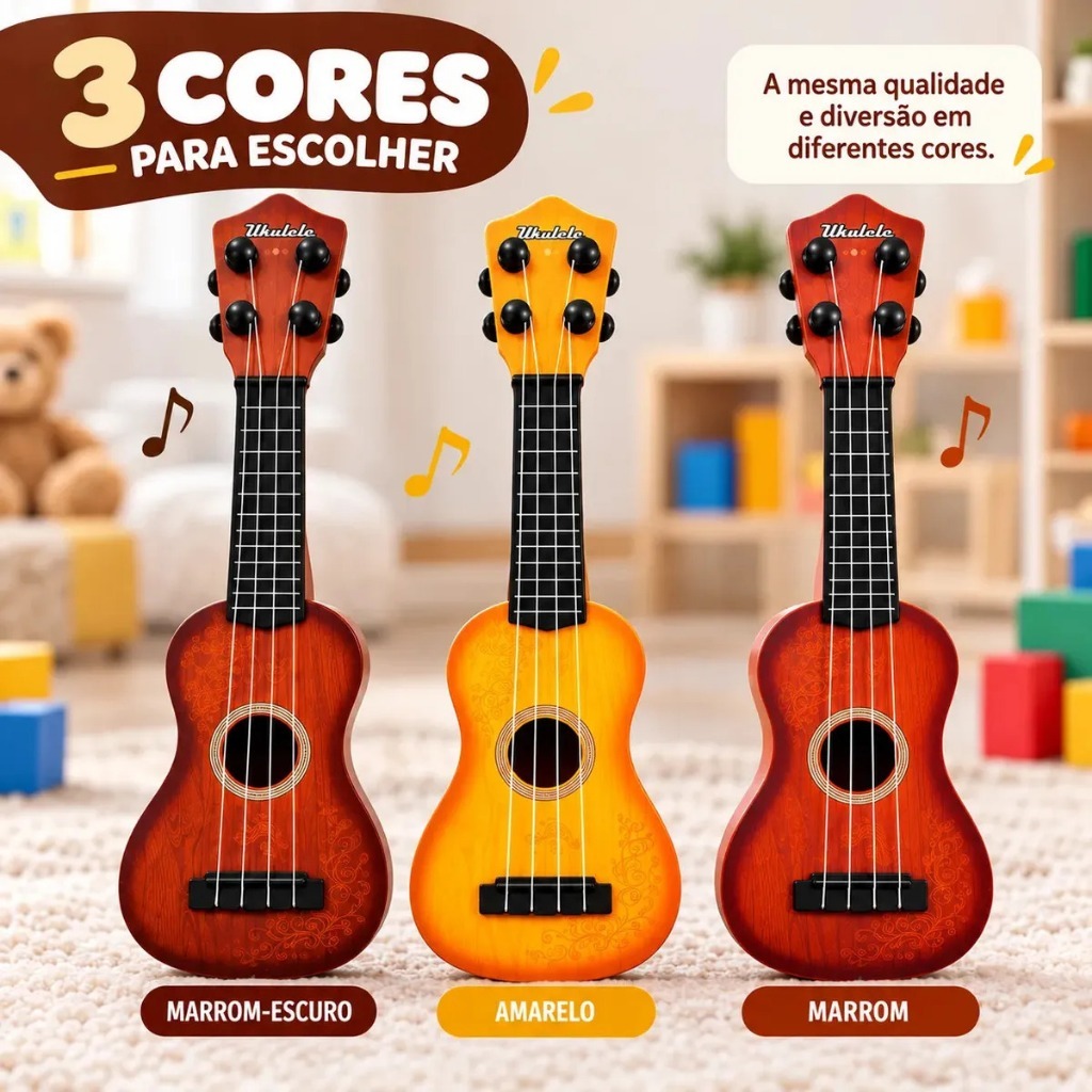 Violão Infantil Ukulele de Brinquedo 4 Cordas Nylon Afinável Inmetro 38cm Mini Violão Criança 3+