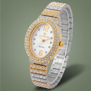 Relógio de Pulso Feminino Bicolor com Pedras Transparentes e Pulseira Cravejada