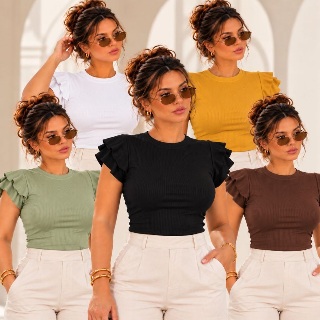 Kit 2 Blusa Feminina Canelada Manga Curta Babado 3 Marias Gola Redonda Moda Blogueira Plus Size P001