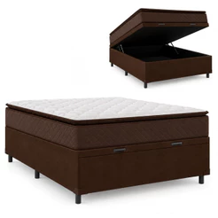 Cama Box Baú Casal Colchão Espuma D45 Pillow Top Strong 138x188x65cm Marrom Hellen - Suporta até 150