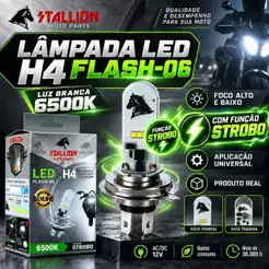 Lâmpada Strobo Farol LED H4 6500K Super Branca Stallion Cavalinho Efeito Xenon