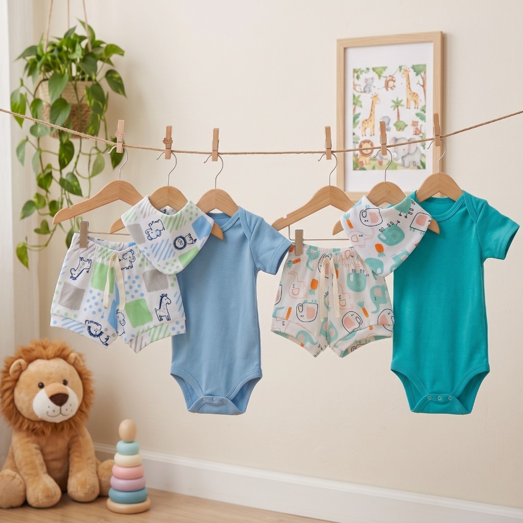 Kit 2 Conjuntos Bebe Verão Menino Short, Body E Babador Bandana Estampas Variadas Malha Algodão