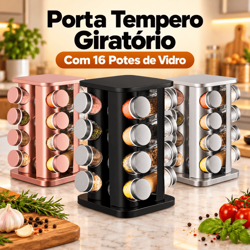 Porta Tempero Giratório 16 Potes de Vidro Organizador de Condimentos para Cozinha Compacto para Bancada - ENVIO IMEDIATO