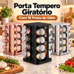 Porta Tempero Giratório 16 Potes de Vidro Organizador de Condimentos para Cozinha Compacto para Bancada - ENVIO IMEDIATO