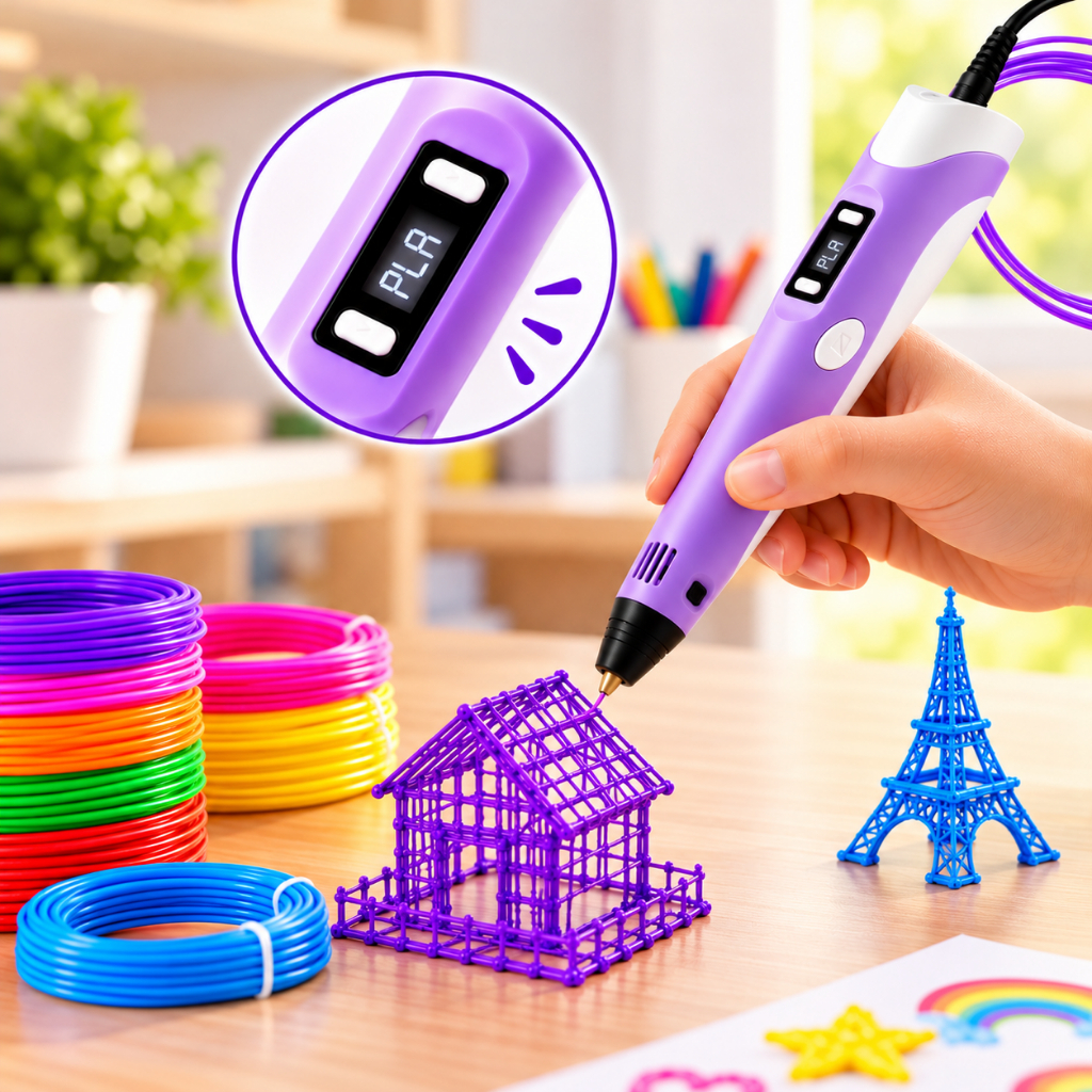 Caneta 3d Lcd Com Kit Filamentos Pla Coloridos Lilás 5v