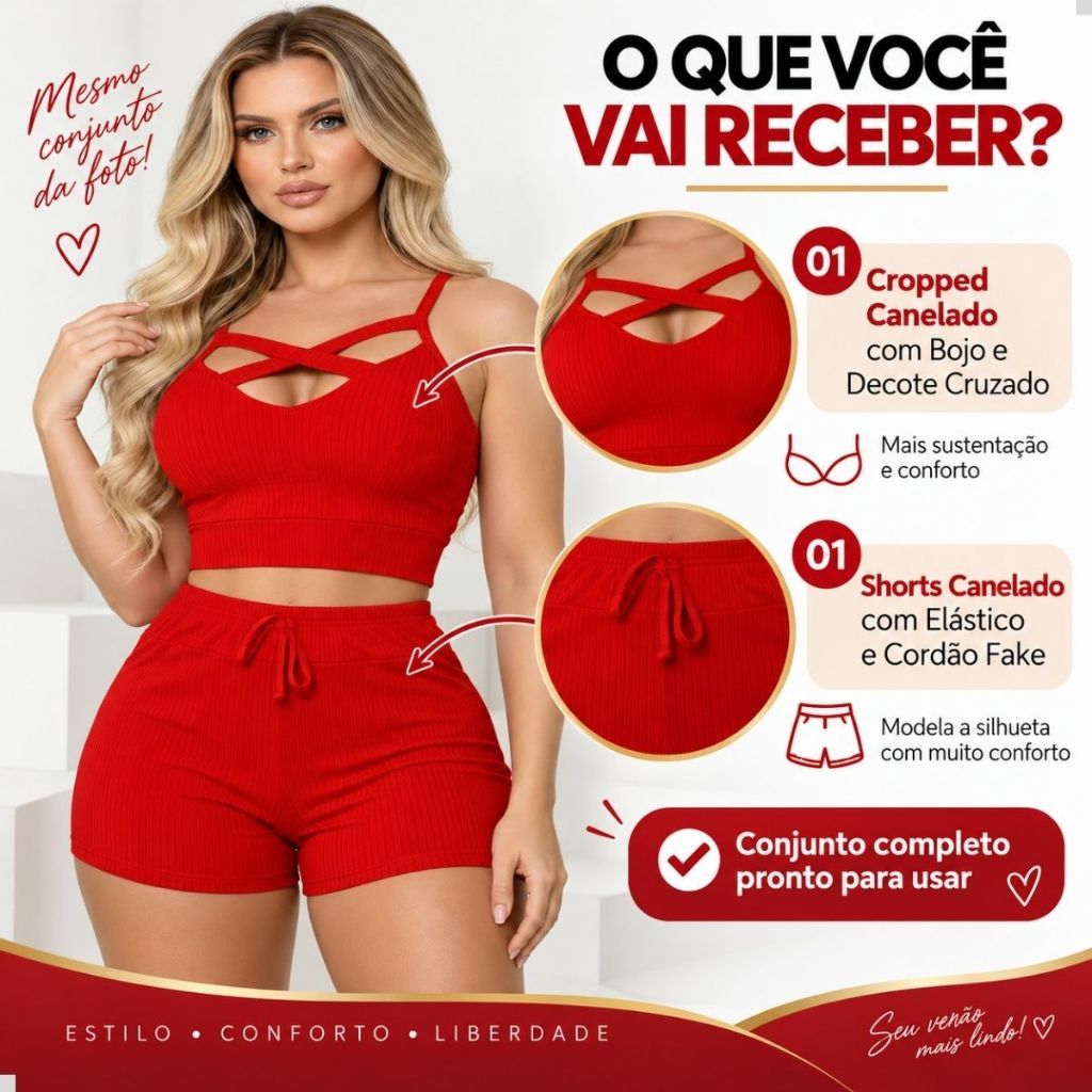 Conjunto Feminino Blusa Cropped e Short Canelado Confortável Moda Verão Casual
