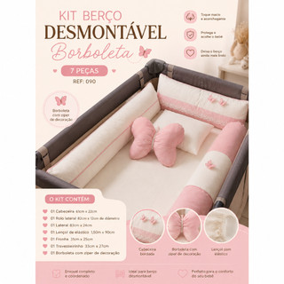 Kit Berço Desmontável 7 Peças Borboleta com Lençol Cabeceira e Protetores