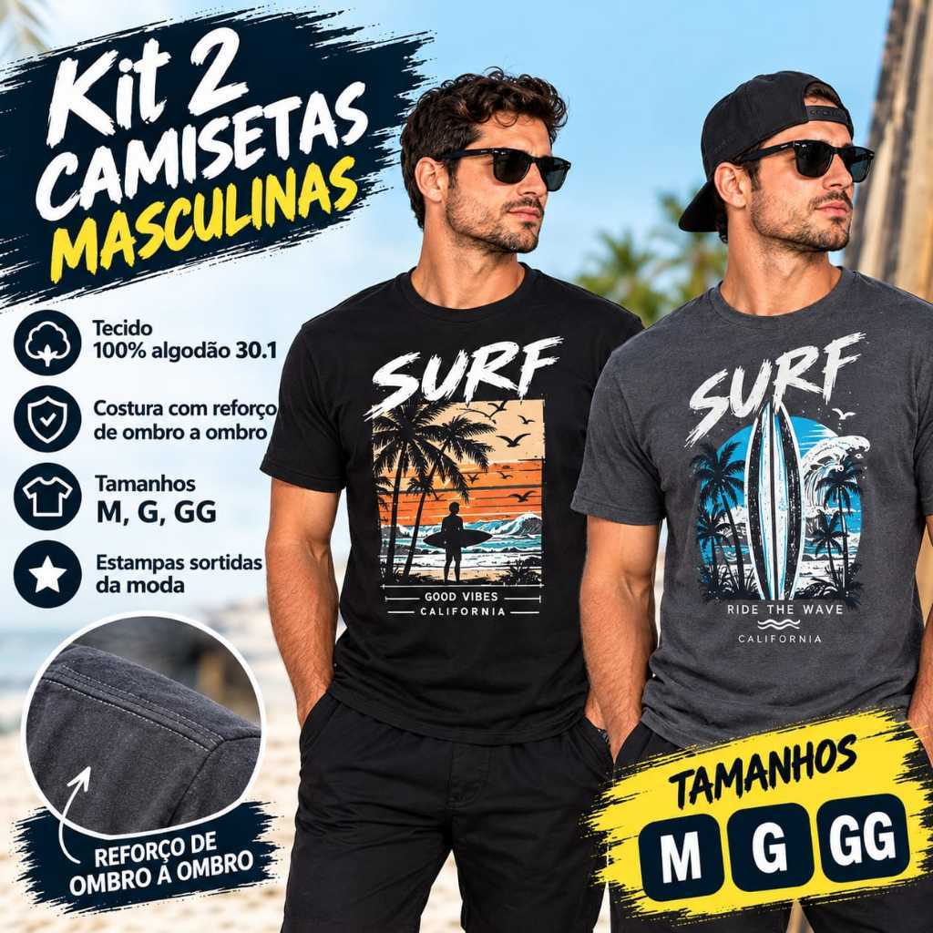 Kit 2 Camisetas Masculinas SURF 100% Algodão Estampas Sortidas Tamanho P M G GG