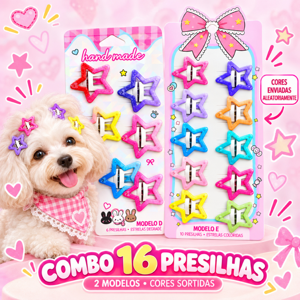 Kit 46 Presilhas Pet Tic Tac Ossinho Coloridas para Cachorro e Gato Acessório de Pelo Topete