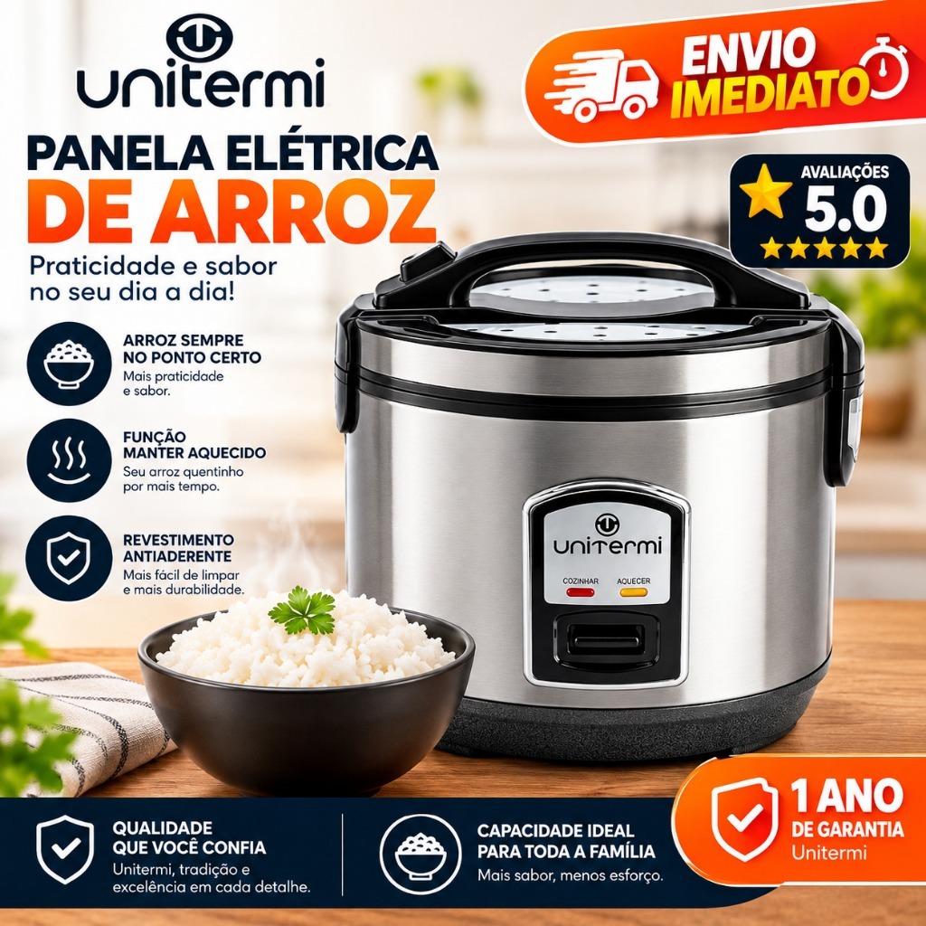 Panela De Arroz Elétrica Tampa de Vidro Inox Unitermi 127V ou 220V